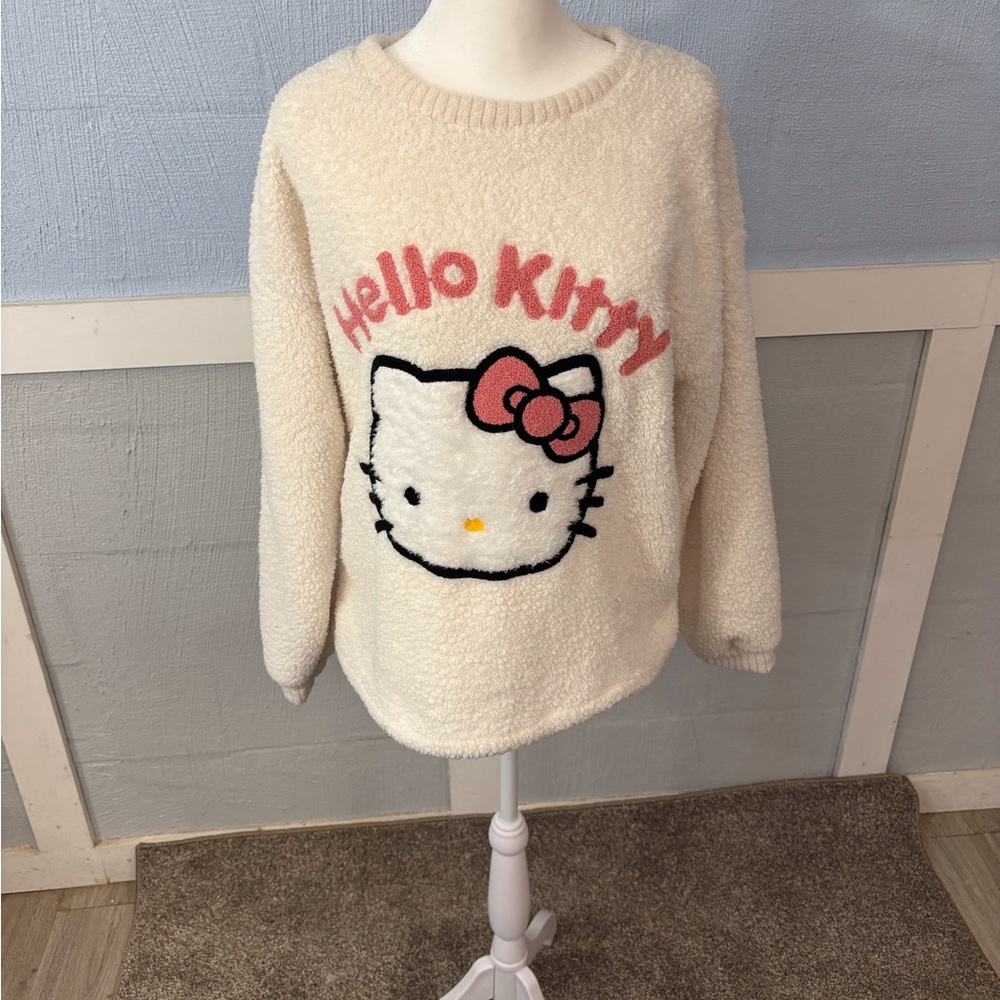 Hello Kitty Cream Sweater Fuzzy Top SZ 9 Small Pink/Cream/White long Sleeve